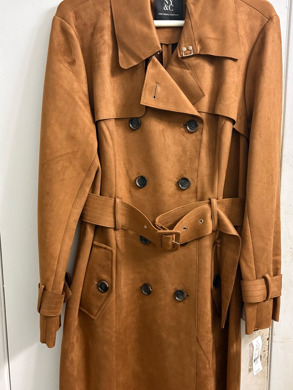 New York & Company Camel Suede-Look Double-Breasted Trench Coat